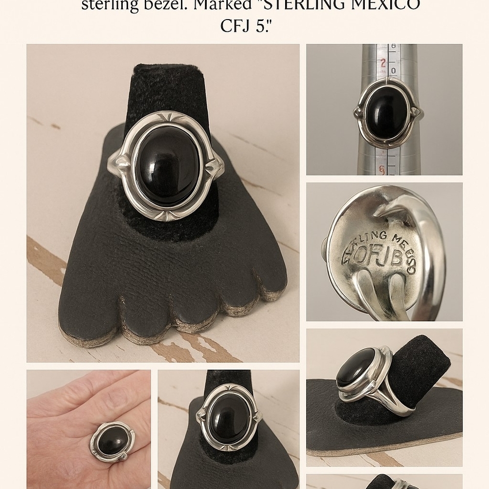 💎 Vintage Taxco Mexico Sterling Silver Black Onyx Statement Ring – Signed CFJ 5